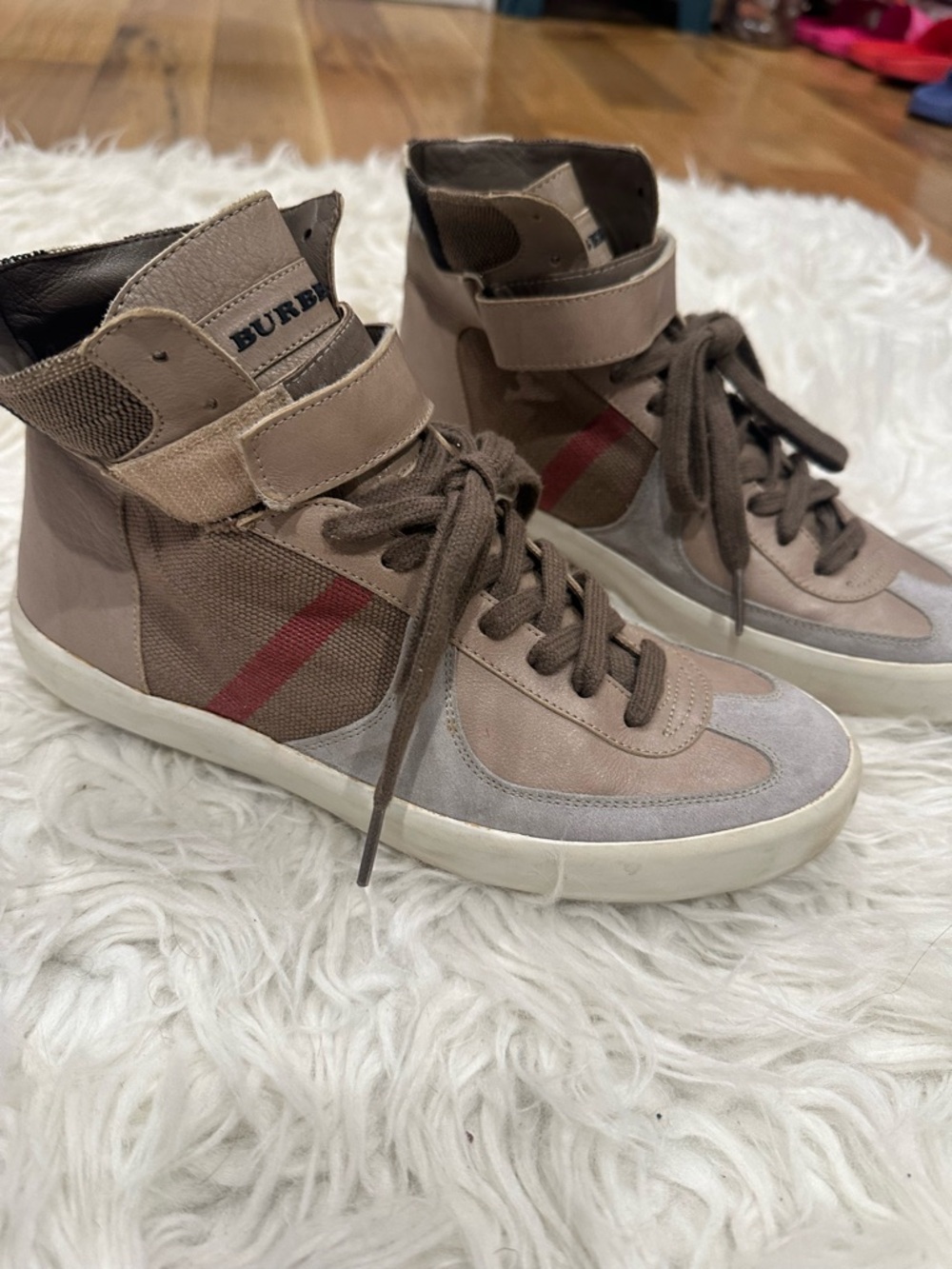 Burberry Taupe and Red-Accent High-Top Sneakers
